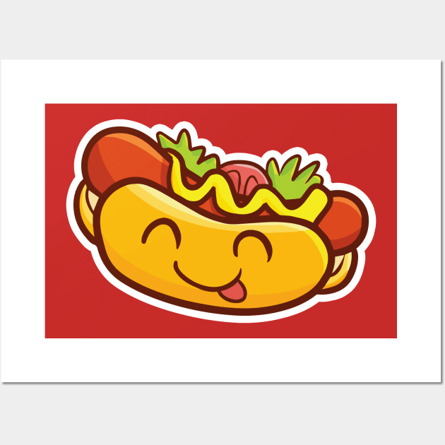 Kawaii smiling hot dog Wall Art by Jocularity Art